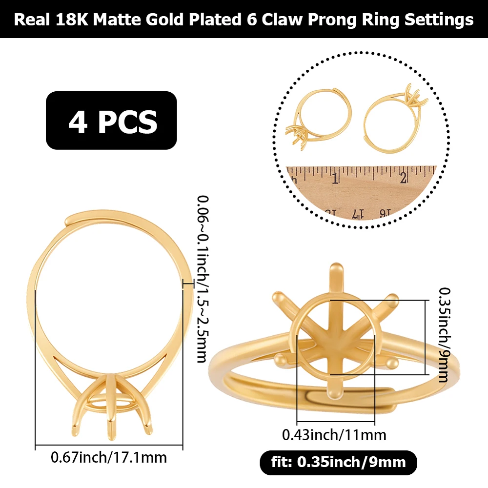 1 Box 4Pcs 6 Claw Ring Blanks 18K Gold Plated Brass Oval Adjustable Prong Ring Settings Finger Rings Components for Jewelry