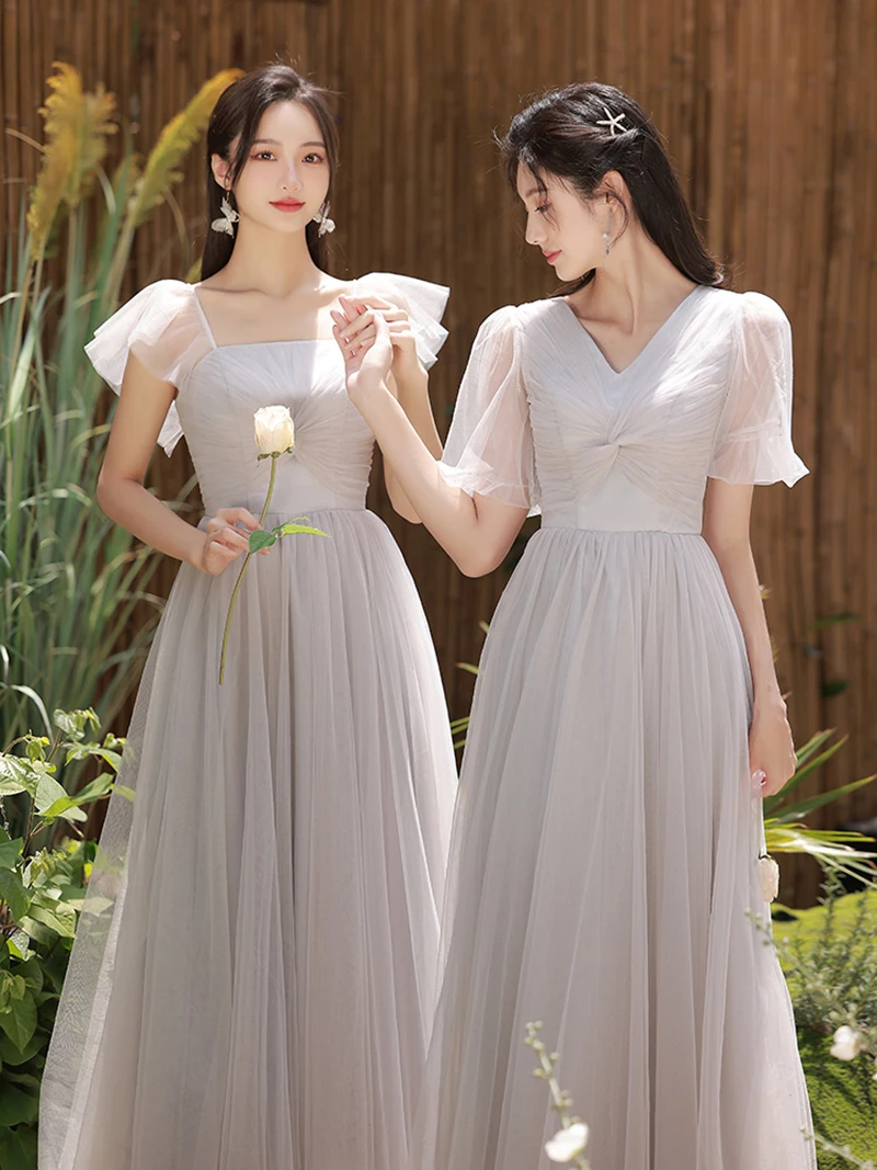 

Women's Summer Grey Bridesmaid Dress Long Wedding Sisters Dress New Gray Solid Lace Bridesmaid Dress Illusion Sleeves Dress