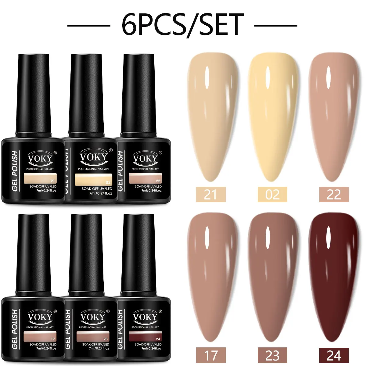 Conjunto de esmaltes em gel VOKY de 6 peças, cada frasco contém 0,24 onças, não perfumado, capa de sobretudo semi-permanente removível com LED