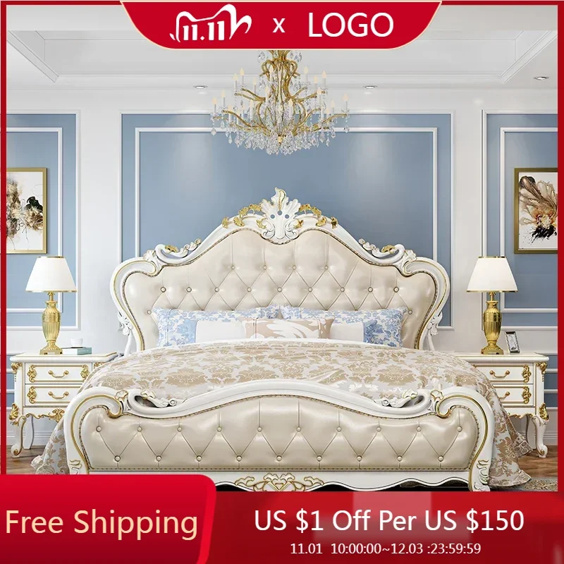 

Royal European Bed Double Modern Whitr Bed Wood Luxury Headboard Double Girl Sleeping Letti Matrimoniali Bedroom Furniture