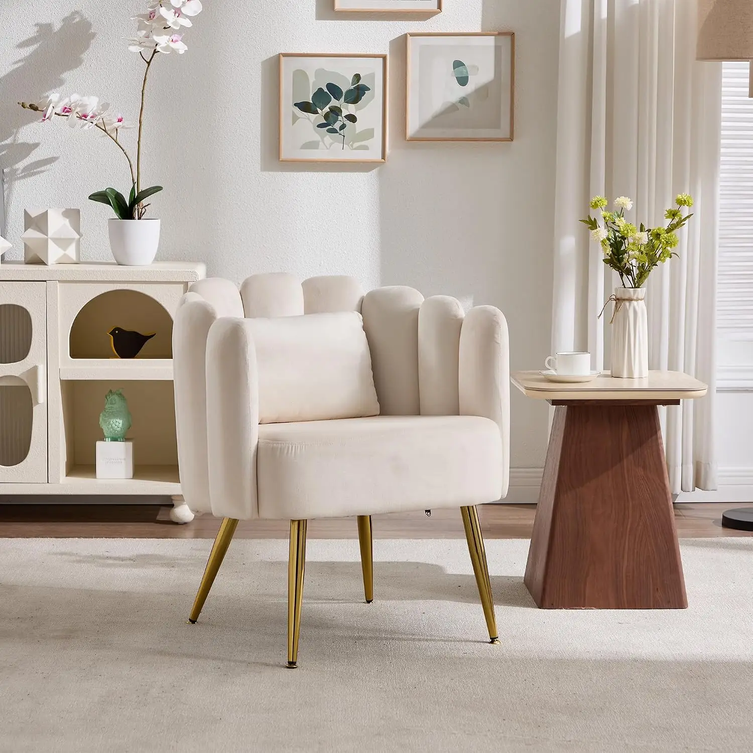 Accent Chair for Bedroom, Shell Shaped Velvet Vanity Chair with Pillow | Removable Petal Vanity Chair Cute Chair, Mid Century Re