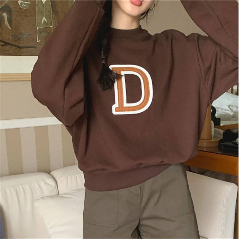 Brown Long Sleeves Chic Design Women Autumn Letter Embroidery Sweatshirt Korean Fashion Baggy Simplicity Casual Female Blue TOP