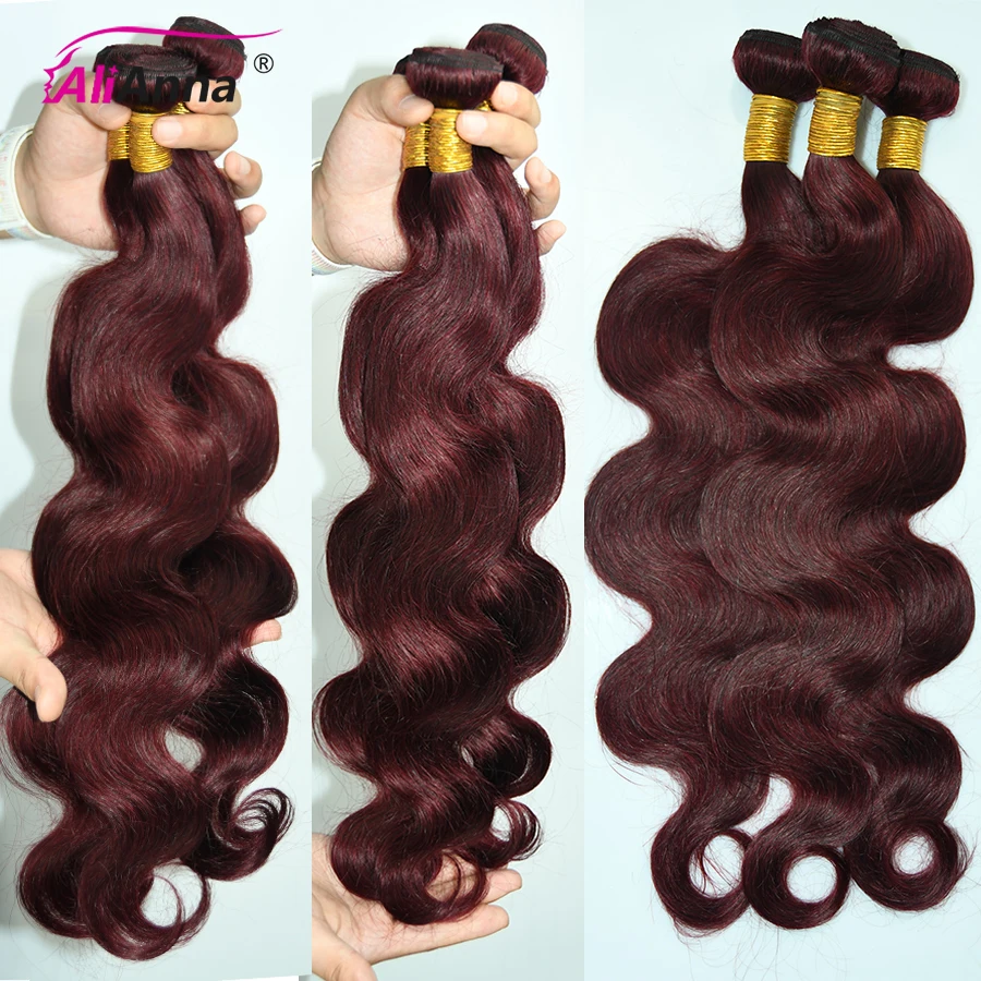 99J fasci di capelli umani bordeaux fasci di onde del corpo capelli umani estensioni dei capelli brasiliani rossi da 12-26 pollici fasci di capelli grezzi colorati