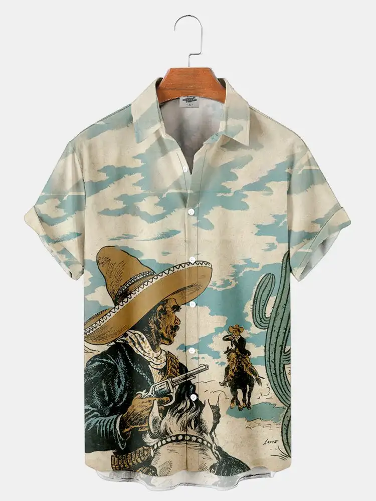 Hawaiian Cowboy Men's Shirt Cool 3D Digital Print Plus Size Western America Men's Top With Pocket Vintage Style Summer Outerwear