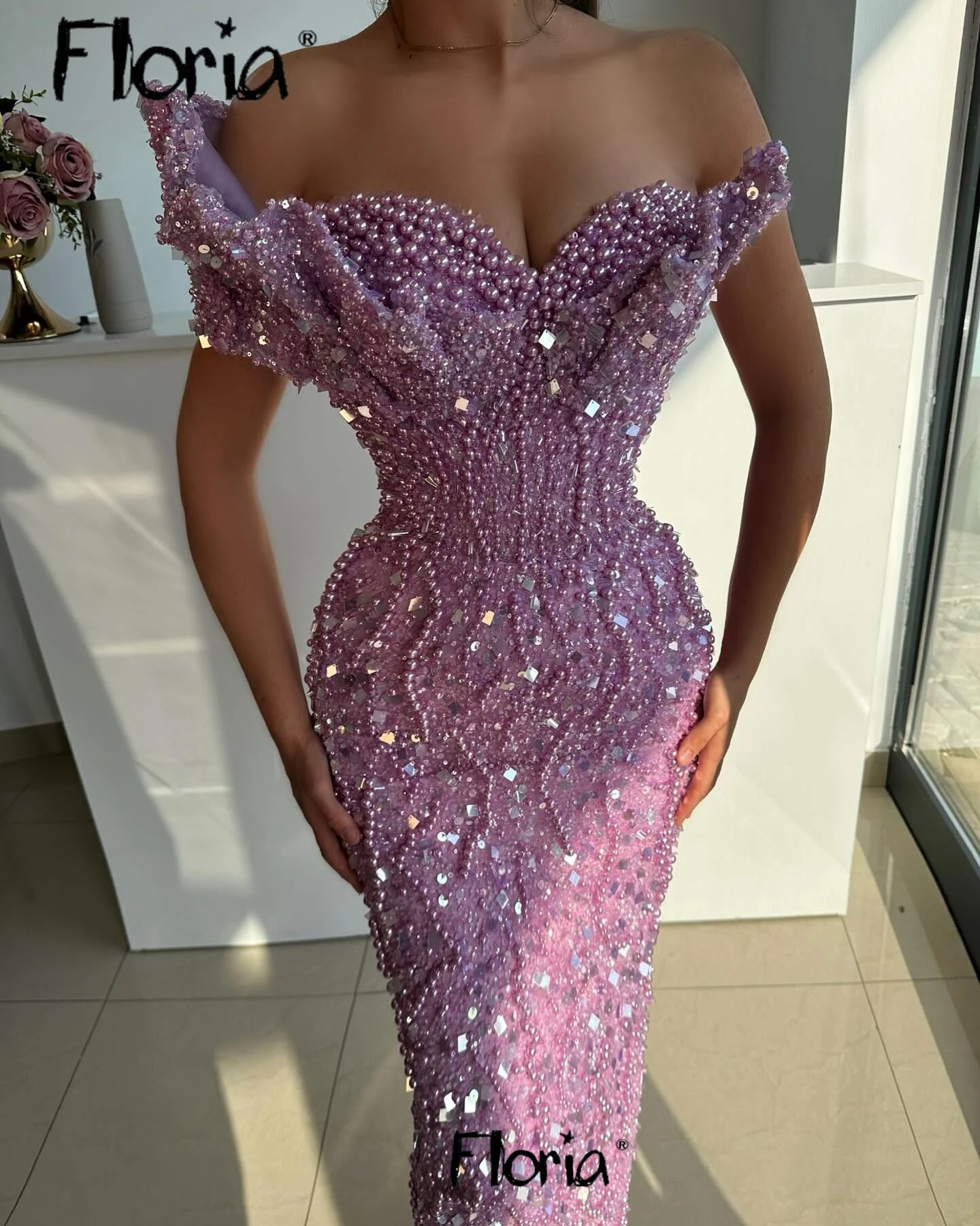 African Evening Dresses Pearls 2025 Customize Mermaid Ankle Length Beads Party Gowns Robe Light Purple Prom Dress Cocktail Dress