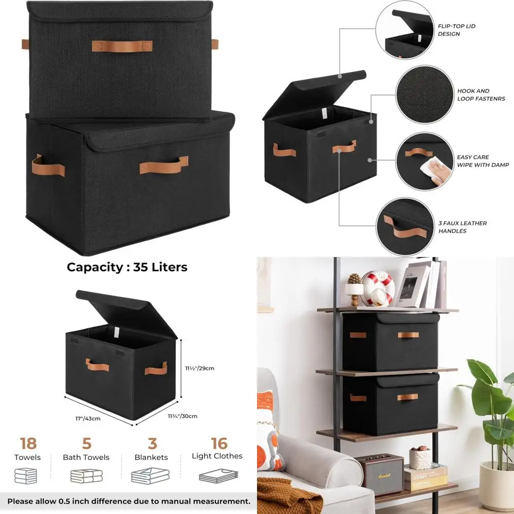 

Elegant Linen Storage Bins with Lids and PU Handles, Ideal for Home Organization and Decorative Storage Solutions