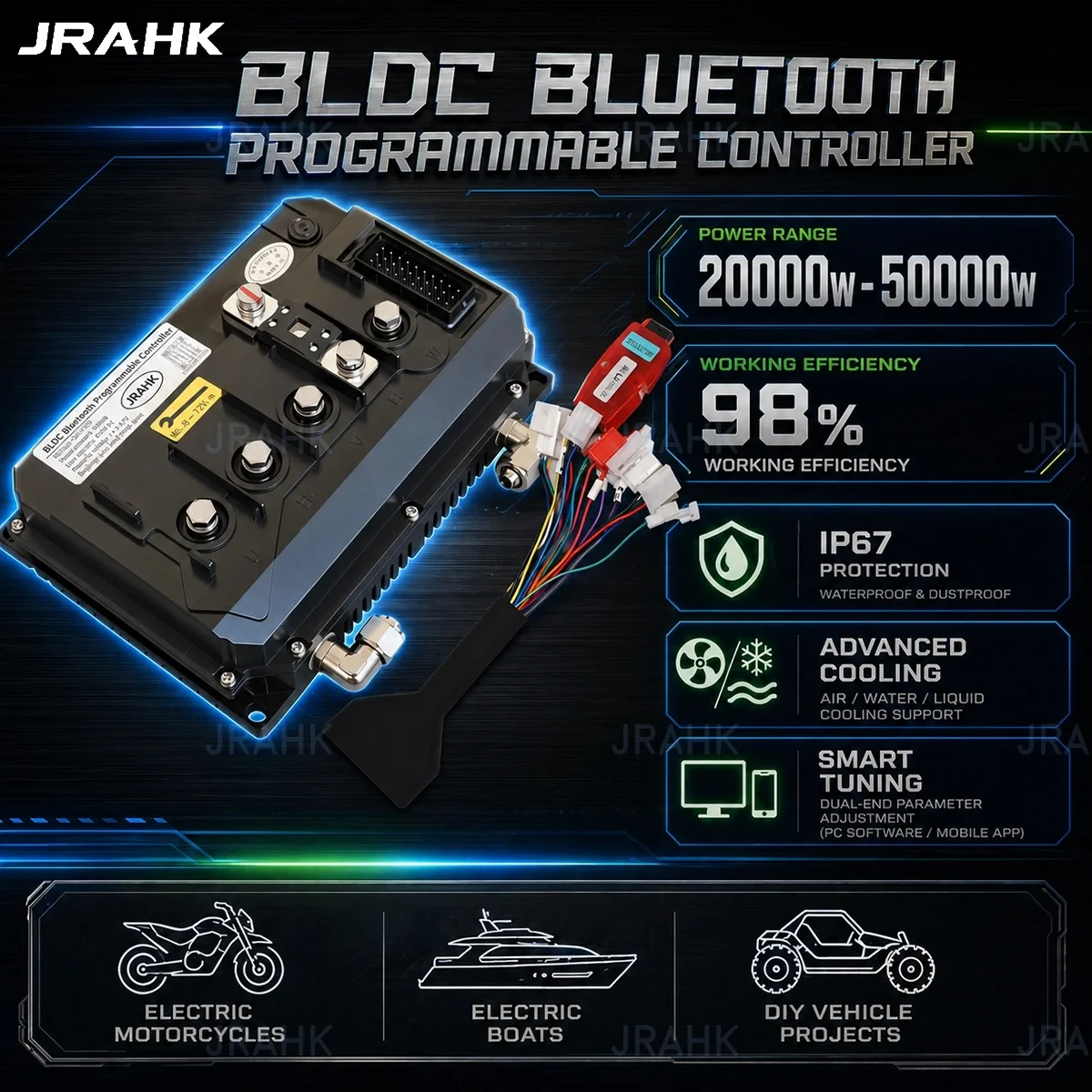 JRAHK 20000W-50000W 1200A 36V-72V High Current BLDC Controller for E-Motorcycle & Mid Drive Motor