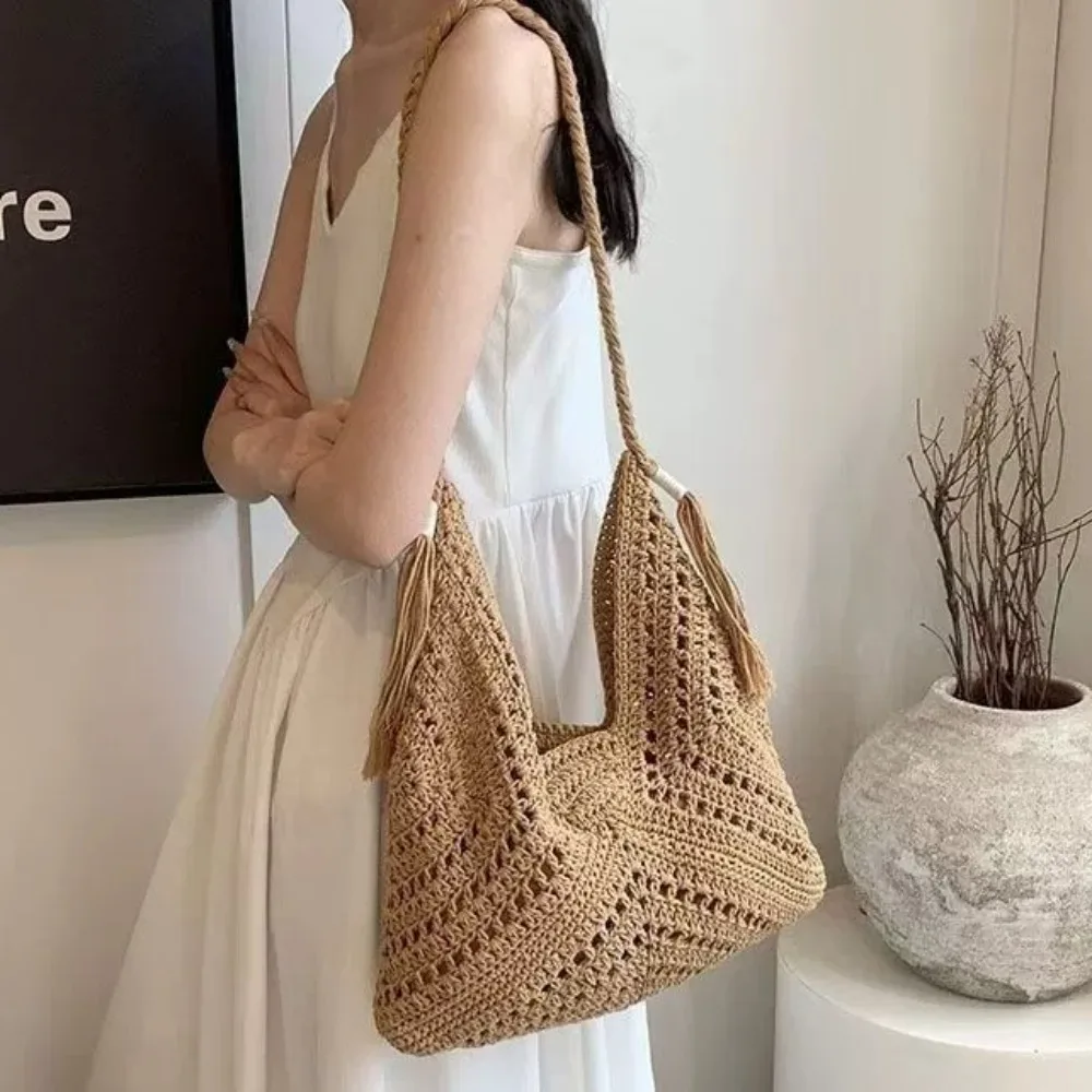 

Повседневная вязаная сумка-тоут для женщин: летняя модная сумка-корзина с ажурным плетением, большая вместимость, на одно плечо, для ежедневного использования