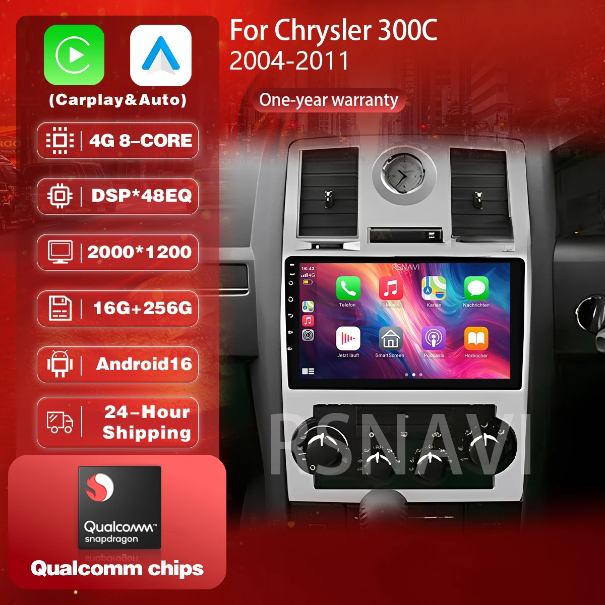 Plug and Play Android 16 Carplay Auto Qualcomm Screen Car Radio Player For Chrysler 300C 2004 - 2011 GPS Wifi Multimedia Stereo