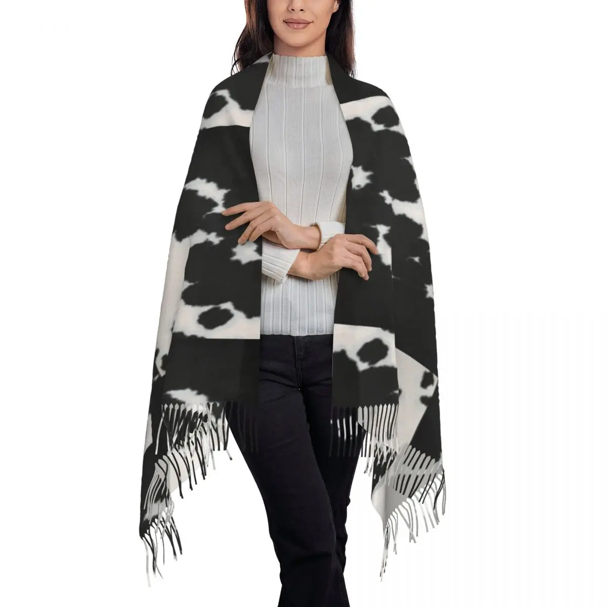 Luxury Black Spotty Cowhide Animal Pattern Tassel Scarf Women Winter Warm Shawls Wraps Ladies Fur Hide Skin Leather Scarves