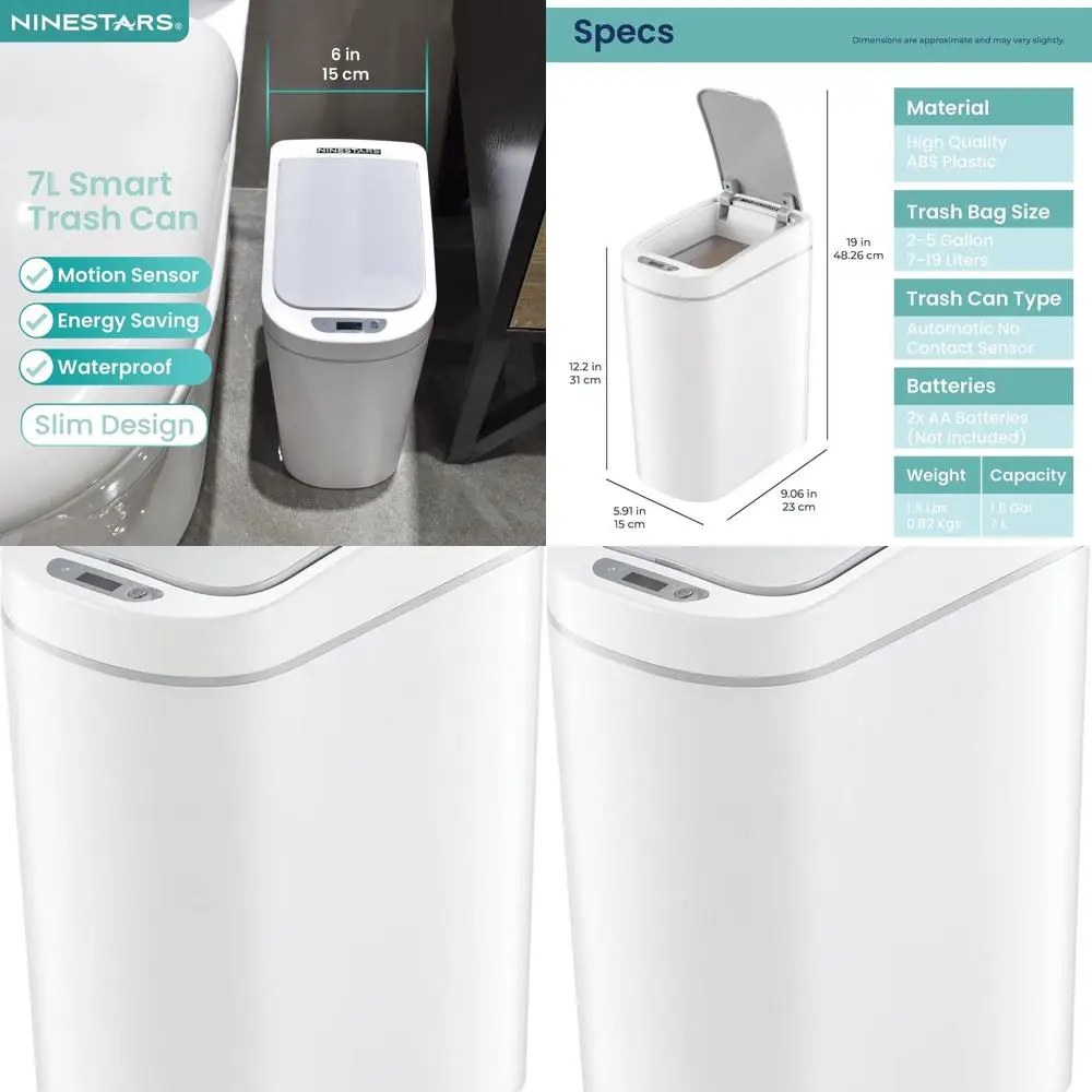 

1.8 Gallon Slim White ABS Motion-Sensor Trash Bin, 7L Capacity