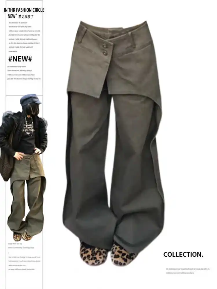 

Women's Army Green Long Pants Harajuku Baggy Y2k Cargo Pants with Wrap Skirt Emo Vintage Trousers Japanese 2000s Style Clothes