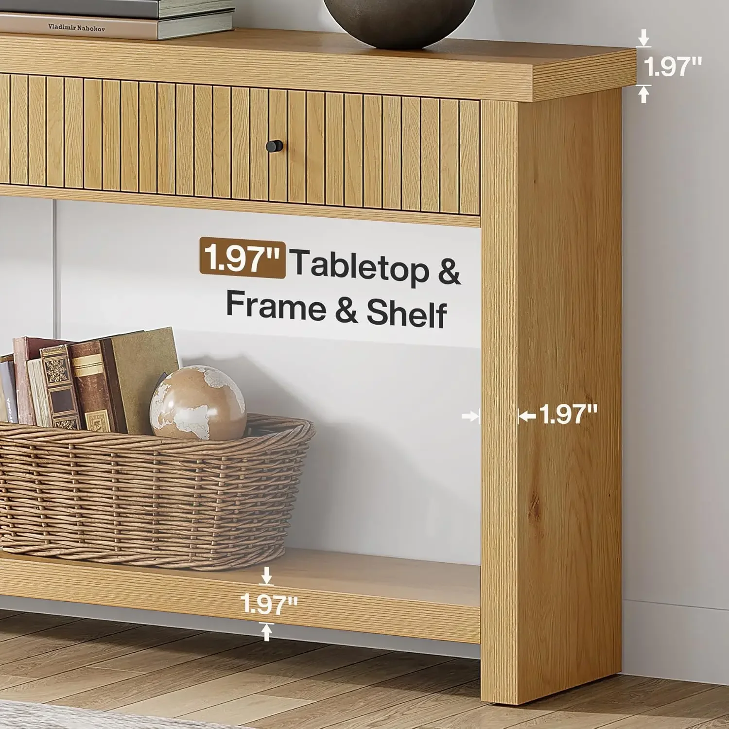 طاولة كونسول خشبية مع أدراج، طاولة مدخل طويلة، أثاث من خشب البلوط مقاس 70.9 بوصة مع أرفف تخزين مفتوحة خشبية #5