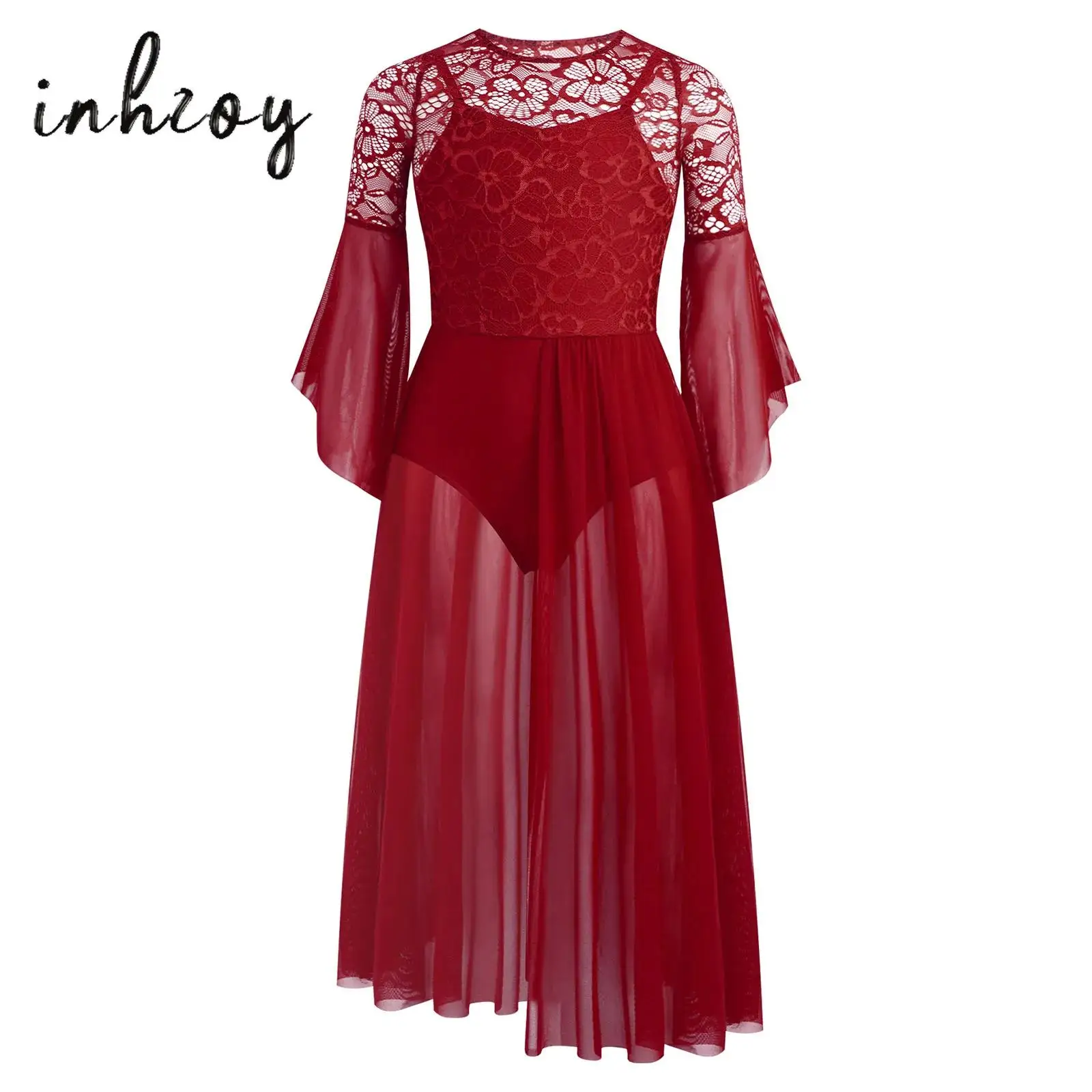 

Kids Girls Lyrical Dance Dresses Flared Sleeves Built-in Briefs Floral Lace Patchwork Side Split Dress Ballet Dress Dancewear