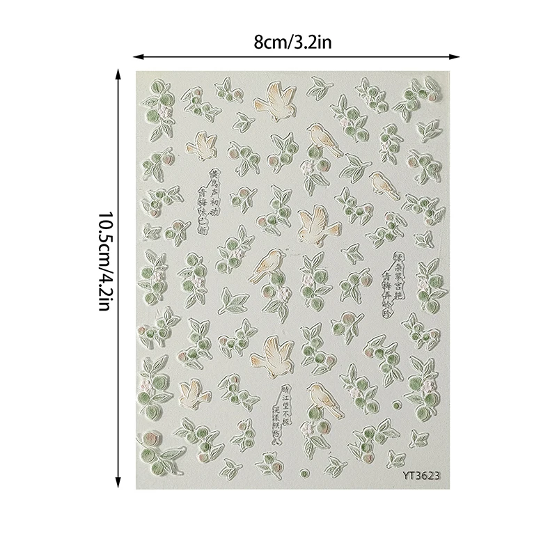 5D Embossed Chinese Style Nail Stickers Green Plum Oriole Self Adhesive Nail Art Decoration Decals Accessories DIY