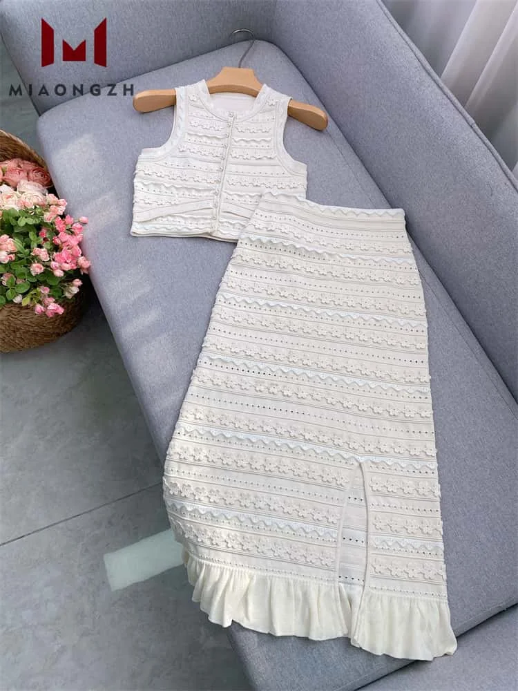 

New Hollow Out Embroidery For Women Knitted Sets O Neck Temperament Slim Top Vest or High Waist Mini Skirt Female 2 Pieces Set