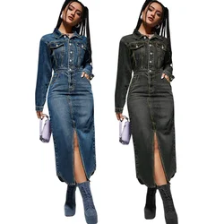 Denim Dress Women Long Dresses Maxi Jeans Elegant Work Elegant Single Breasted A Line High Waist Vestidos Streetwear Y2k Tops