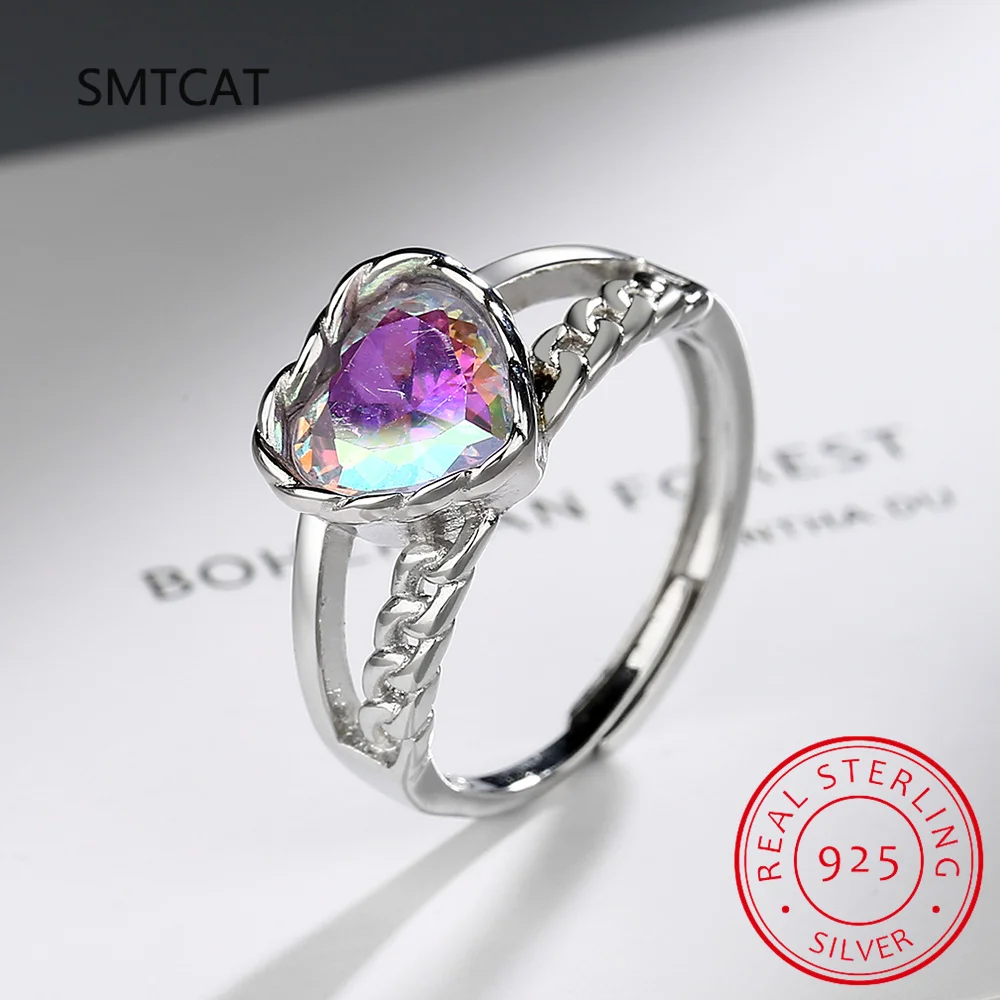 Women Real 925 Sterling Silver Moon Stone Ring Heart Love Gift for Mom Daugther Birthday Jewelry DS3526