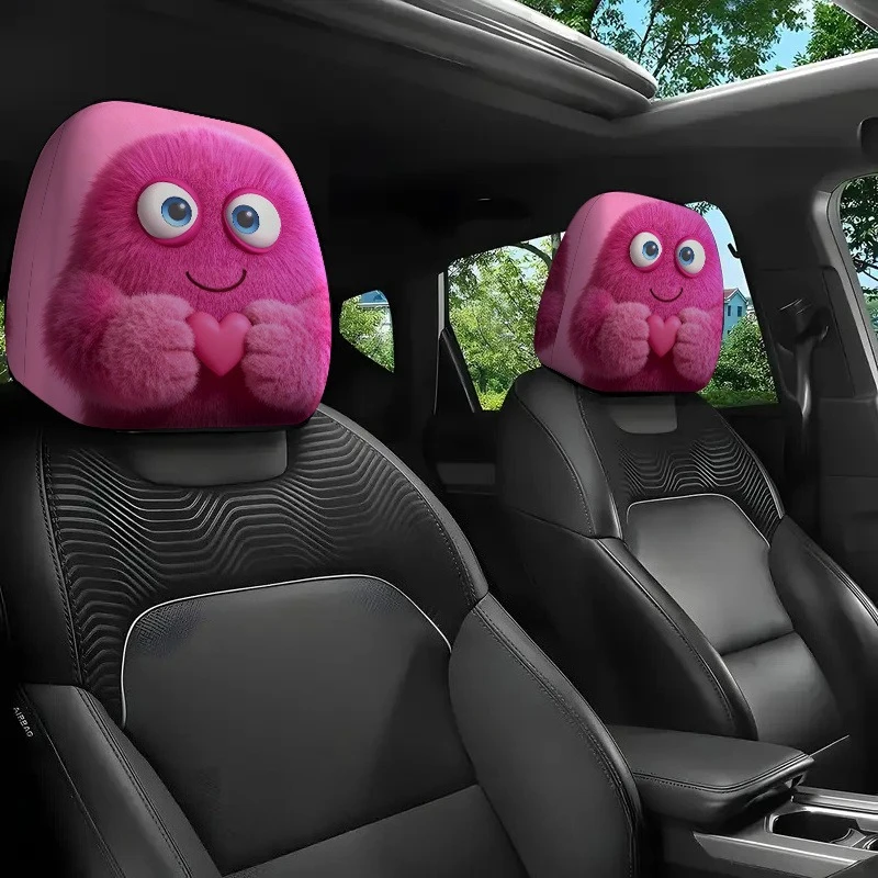 Pink Fluffy Cute Creature Holding Heart Illustration Print Car Headrest Cover, 2D Flat, Ideal  Perfect Car Interior Accessory