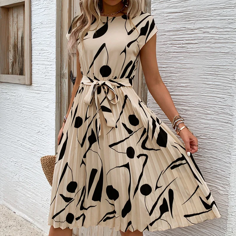 

Vacation Elegant Midi Dresses Women Geometric Print Belted Pleated Dress Female Summer Raglan Sleeve O-Neck Casual A-line Dress