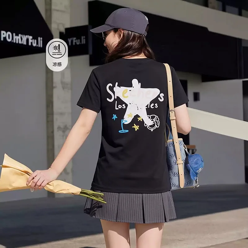 Skechers Knitted Short-Sleeved Summer New Style Women's Official Flagship Soft-Fitting Black T-Shirt  P225W303-03K8