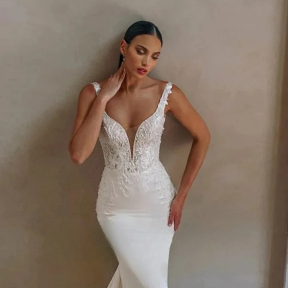 Modern V-Neck  2 In 1 Wedding Dresses Beading Embroidery Wide Straps Lace Romantic Removable Train Bridal Gowns