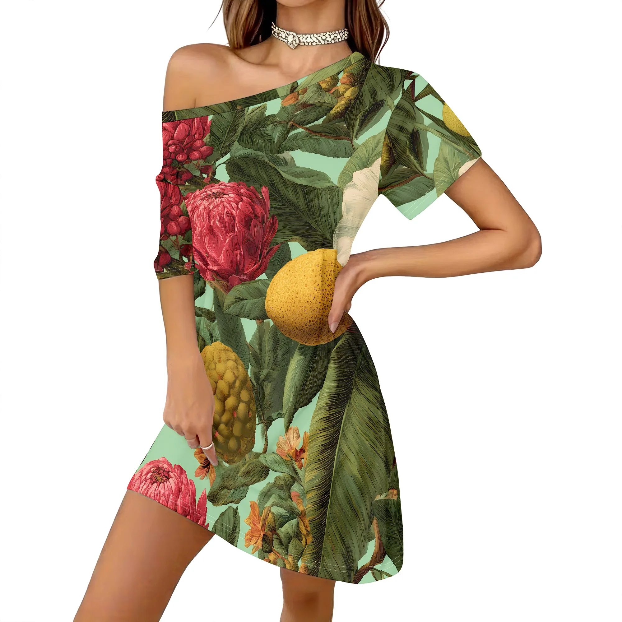 Tropical Print Short Sleeve Dress, Floral Pattern Mini Dress, Summer Beach Vacation Wear, Women Casual Tunic S-2XL