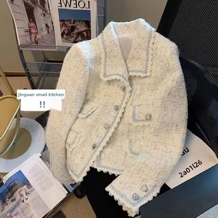 Tweed Style Lapel Heart Button Color Block Jacket Women's Spring 2024 New French Fashion Cropped Top