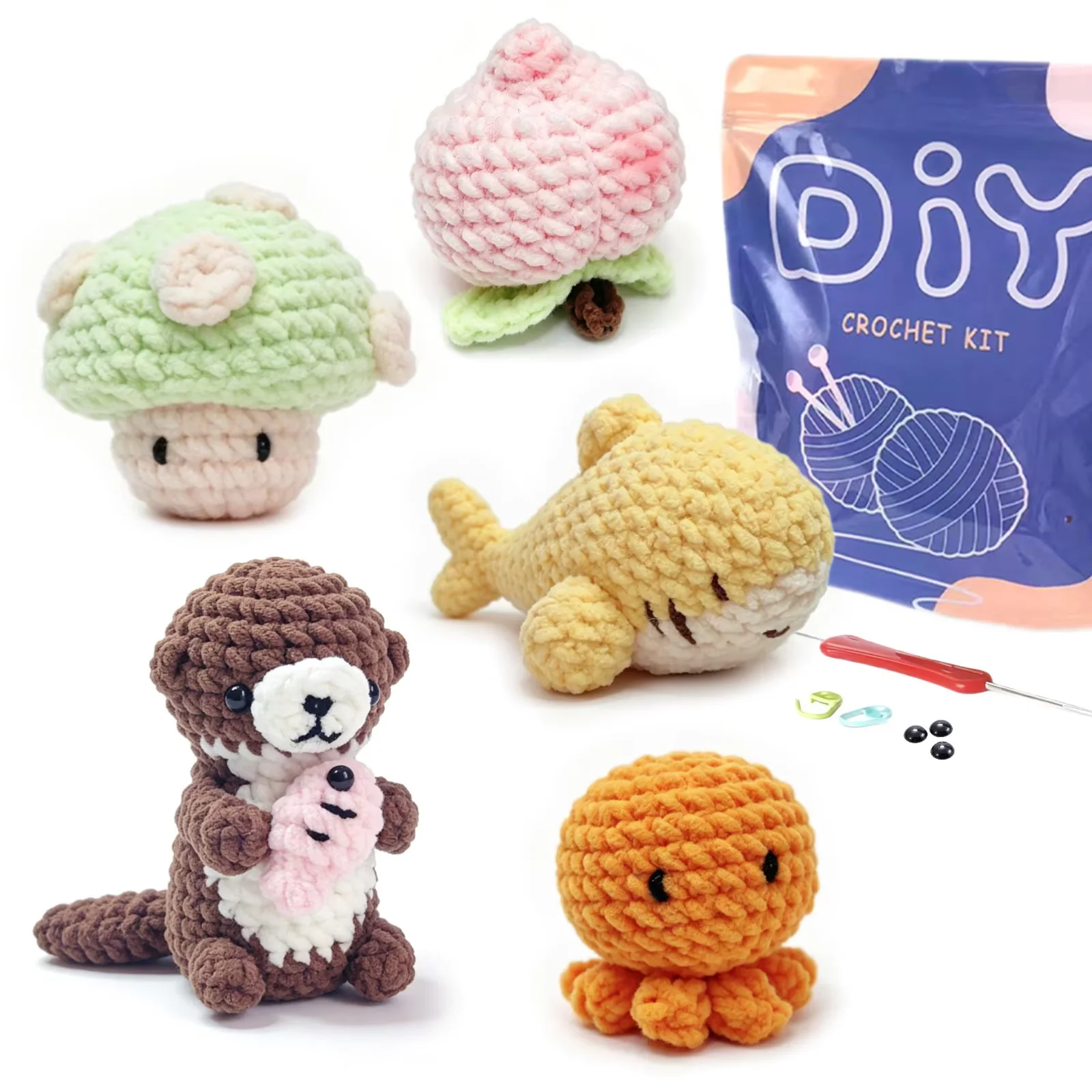 AMAXIN 5 pcs Animal and Mushroom Crochet Tool Kit for Beginners-Easy Learn to Starter Amigurumi Knitting Kit and Yarn Craft Ki