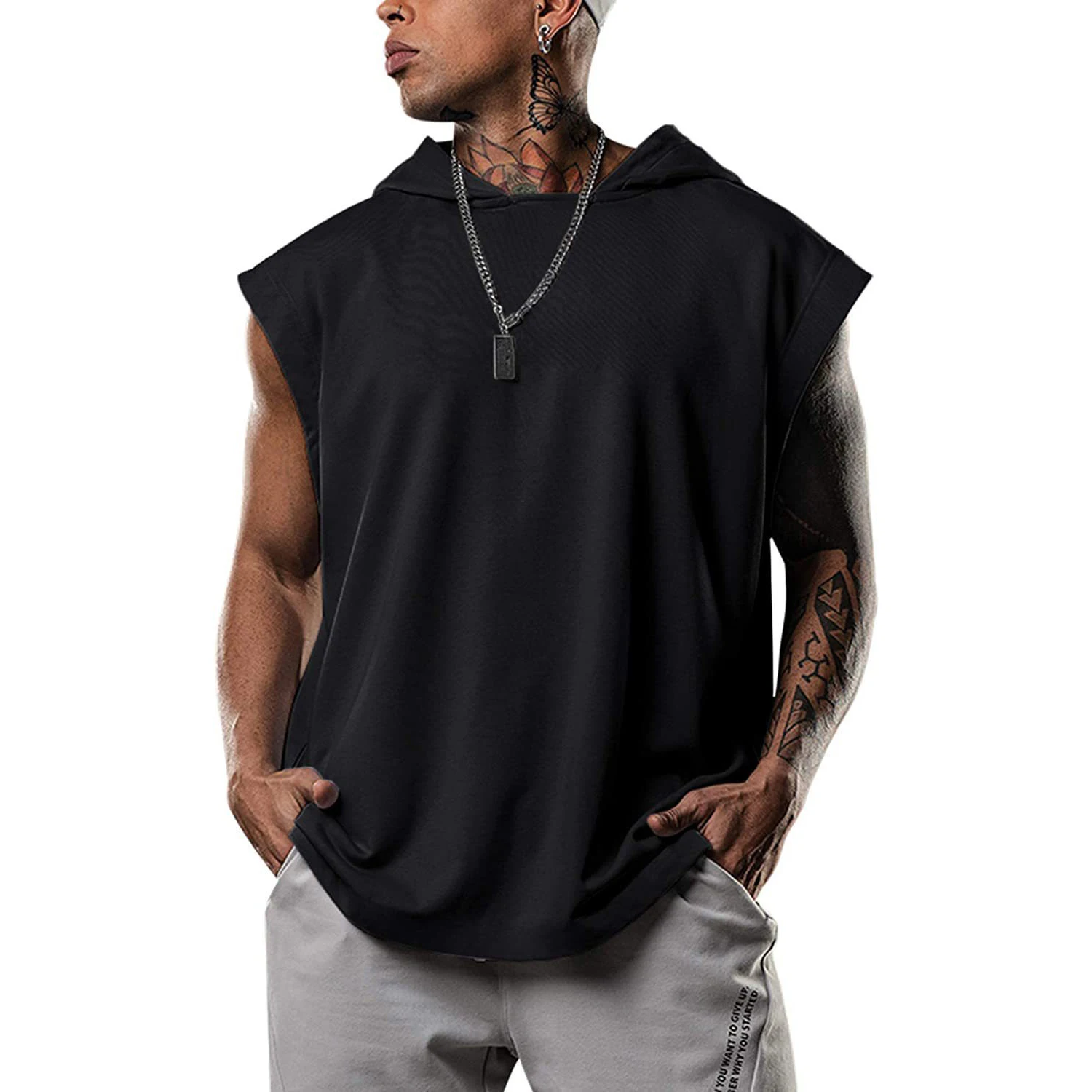 2024 Men Tank Top  Fitness Training Pullover Leisure Fashion Sleeve Men\'s Hooded Vest Solid Color Tank Tops For Male