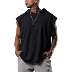 2024 Men Tank Top  Fitness Training Pullover Leisure Fashion Sleeve Men's Hooded Vest Solid Color Tank Tops For Male