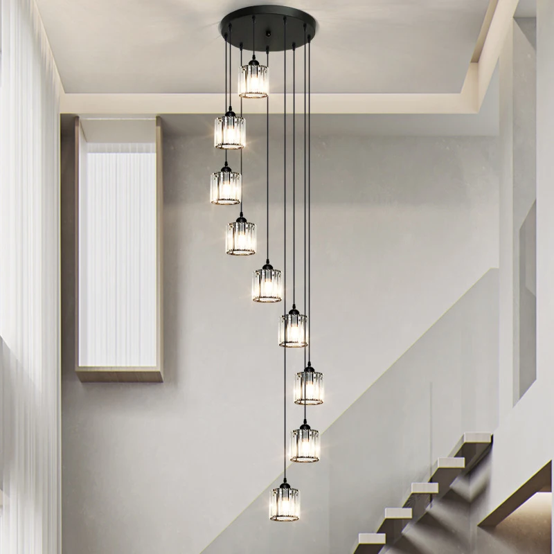 Modern Dining Room Staircase Long Pendant Lights Minimalist Villas Duplex Building Hanging Lamp Rotating Loft Crystal Chandelier