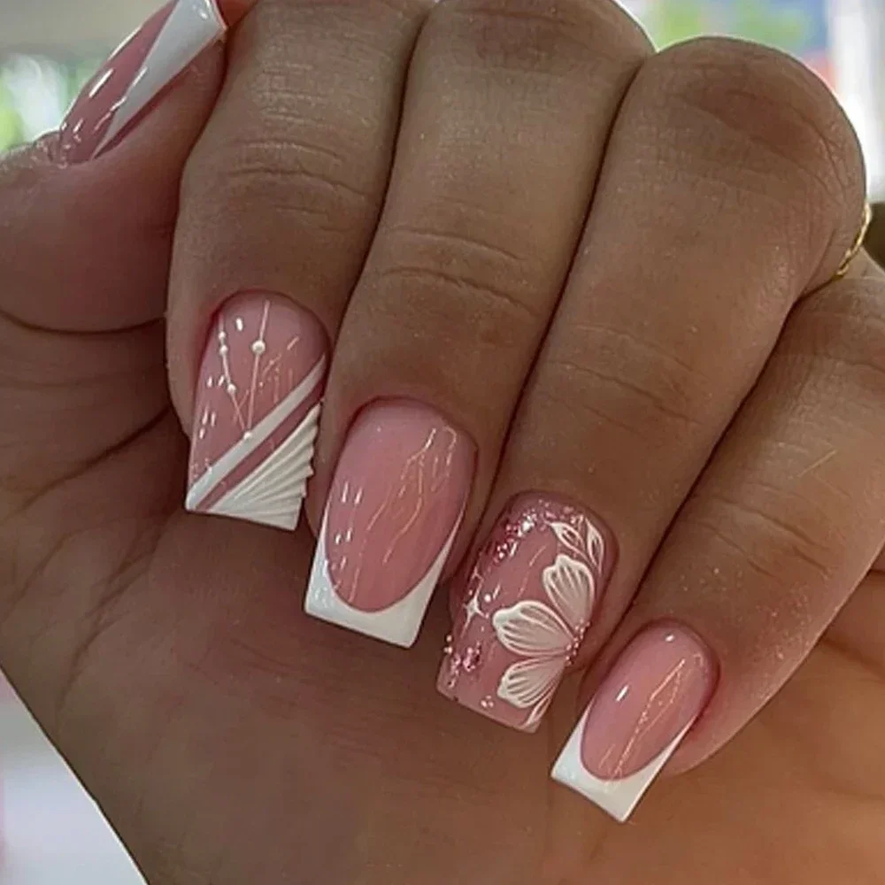 Pearl Purple Flowers Solid Color Nail Art Fashion Simple Summer Wearable False Nail Detachable Finished Fake Nail Press on Nails