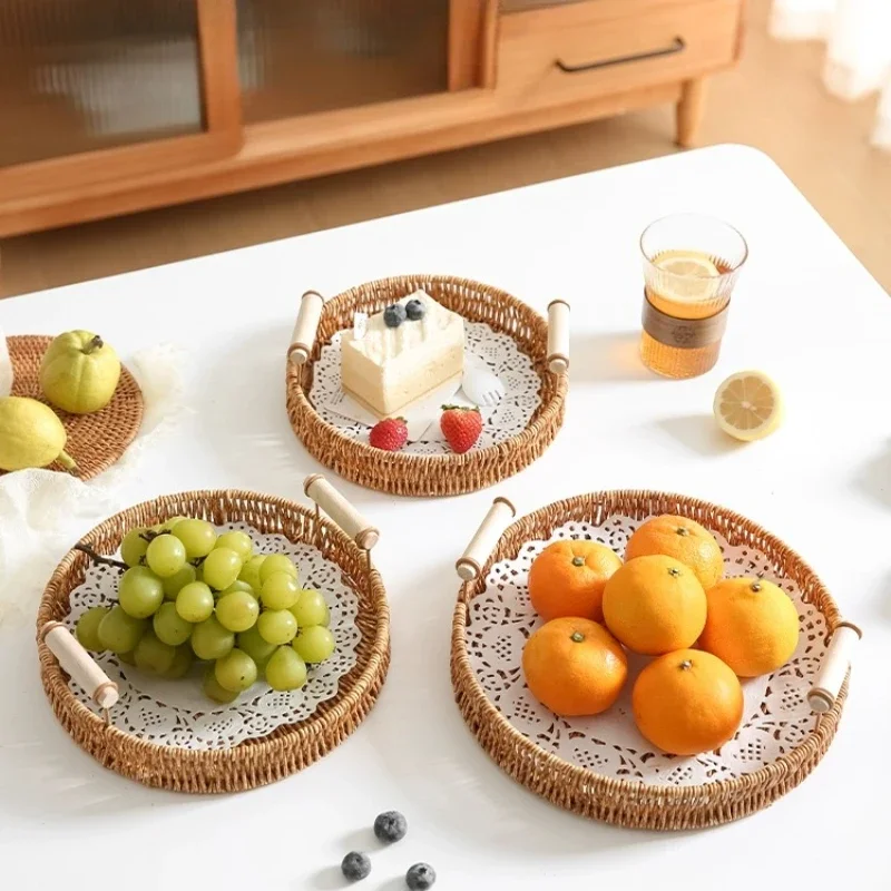 Japanese  Natural Rattan Dessert Plate, Wooden Round Fruit Plate, Outdoor Camping Accessories,  Trinket Dish Cute Plate