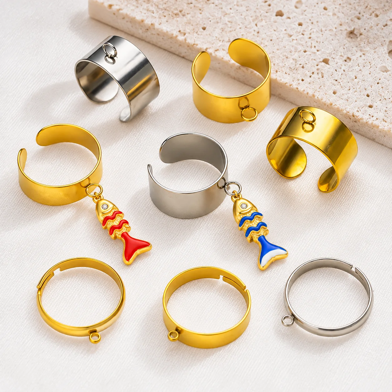 10pcs Stainless Steel Blank Rings Settings Simple Style Adjustable Rings With Hole For DIY Jewelry Making Accessories Wholesale