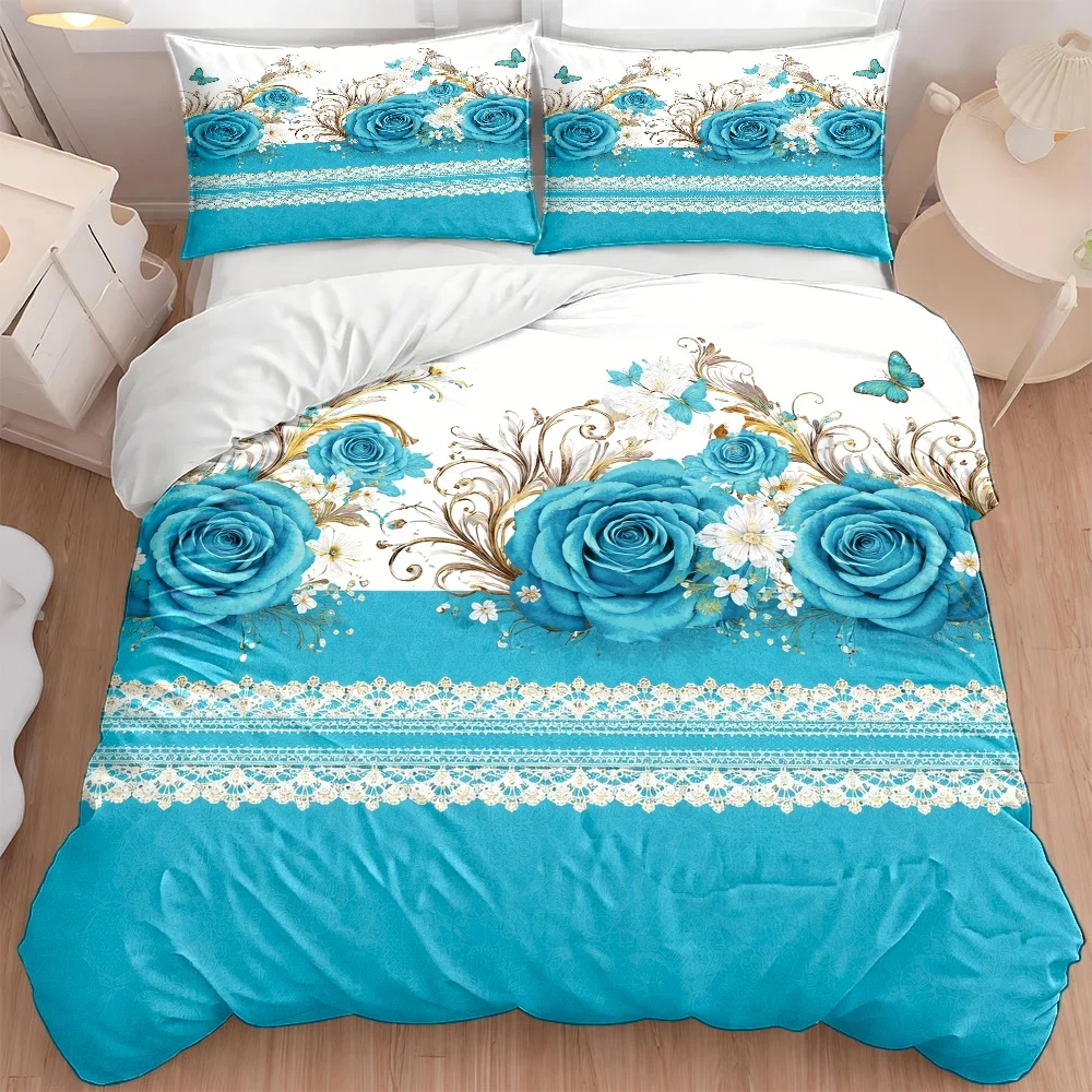 3Pc Blue Rose Lace Duvet Cover Set, Three-Piece Bed Set (1*Duvet Cover + 2*Pillowcases), Suitable for All Seasons, Machine Washable, Invisible Zipper Design, Large Double Bed Cover Set, Suitable for Home, Dormitory, Master Bedroom, Guest Room, European Retro Floral Butterfly Pattern, Skin-Friendly and Comfortable Bedding Set, Home Bedding Set with 2D Flat Print