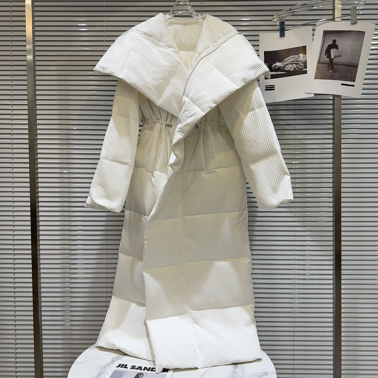 Trendy Winter Long Warm Du down Jaet Tessuto a righe Colletto grande Dstring Capispalla Cappotto Pendolarismo Sle Cappuccio non rimovibile