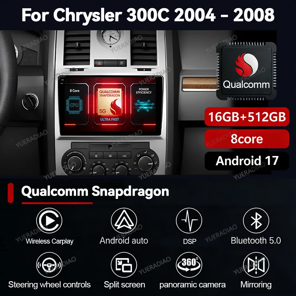 Android 17 Carplay Auto para Chrysler 300C Aspen 2004 2005 2006 2007 2008, Radio para Auto, Reproductor Multimedia de Video, Navegación GPS, WIFI, 4G, QLED