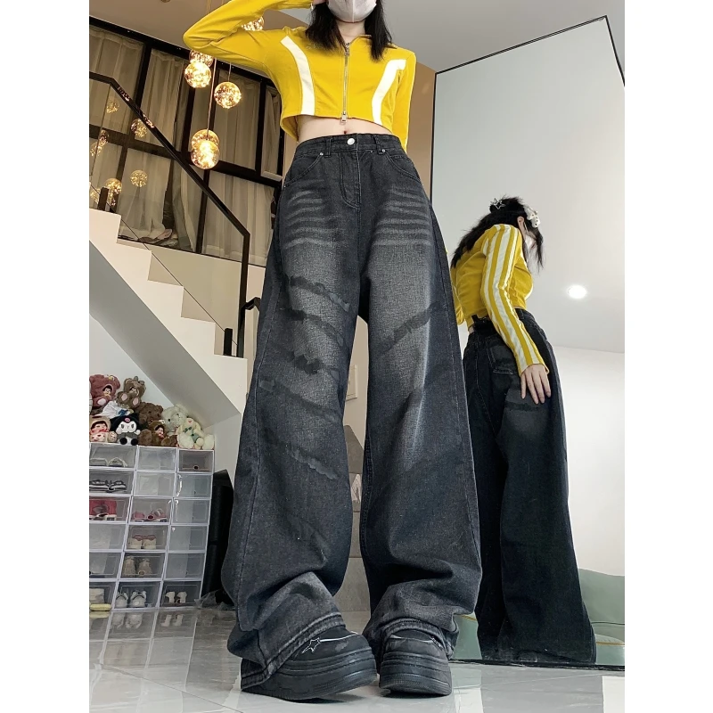 

Black High Waist Women Jeans Chic Design American Fashion Vintage Streetwear Wide Leg Jean Female Trouser NEW Baggy Denim Pants