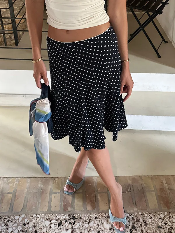 

White Polka Dot Low Waist Fi Tail Dr Summer Street Sle A-Line Long Skirt Polyester Fiber Stand Fit Summer New Arrival