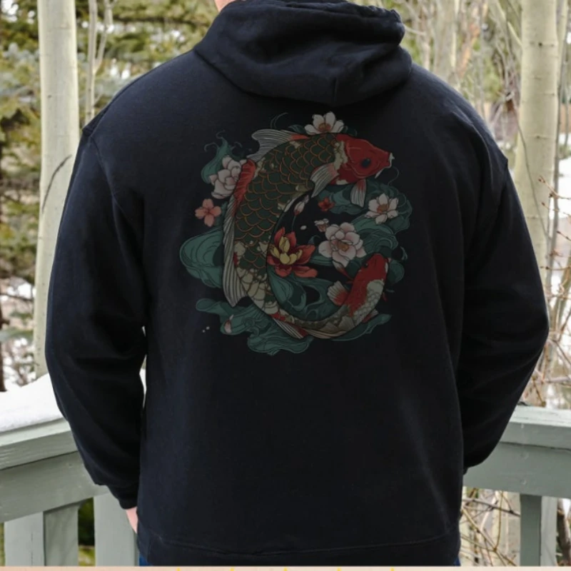 Japanese Koi Fish Graphic Hoodie Nautical Art Nouveau Urban Unisex Top Tokyo Style Spring Streetwear Animal Hoodies Pullover Men