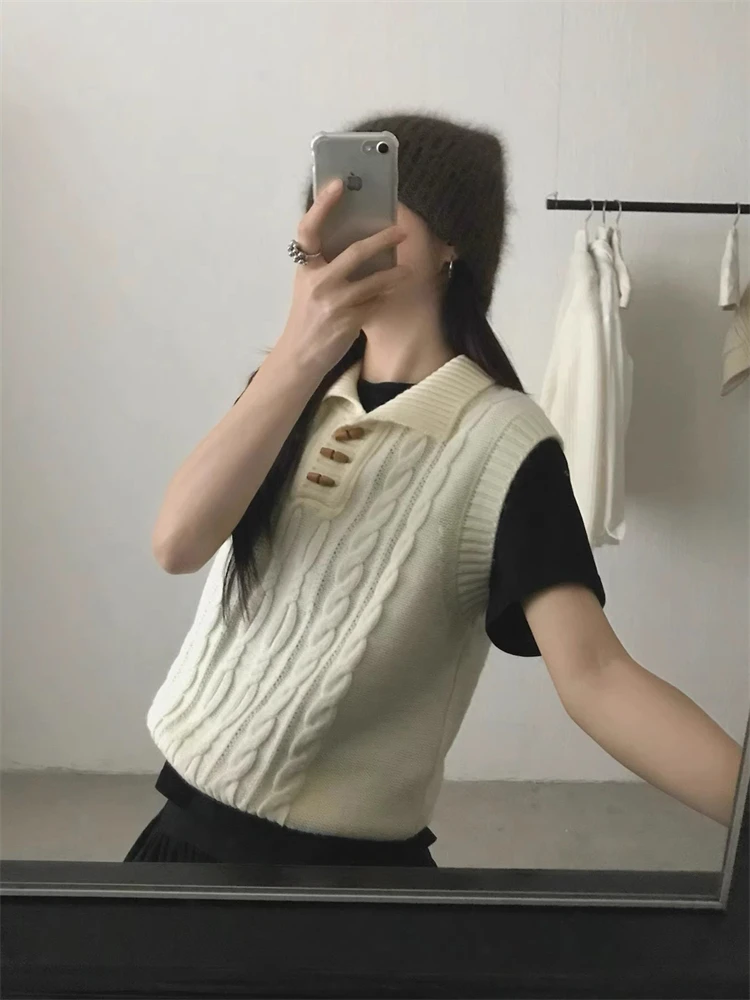 New Vest 100% Merino Wool Pullover for Women Polo Collar Solid Color Knit Sweater Casual Skin Friendly Autumn Winter Clothing