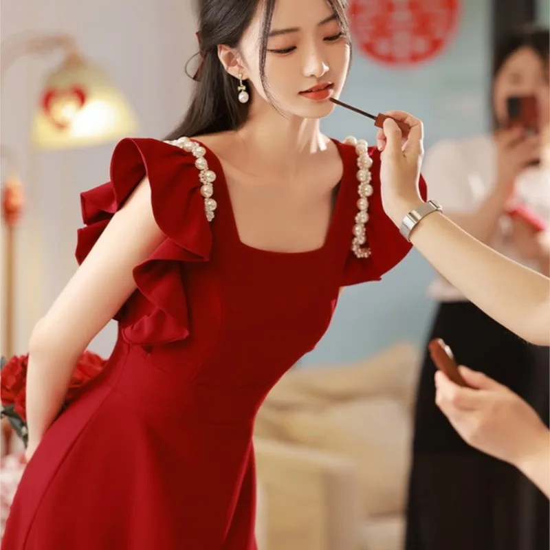 

Temperament Small Size Red Flying Sleeves Everyday Dress