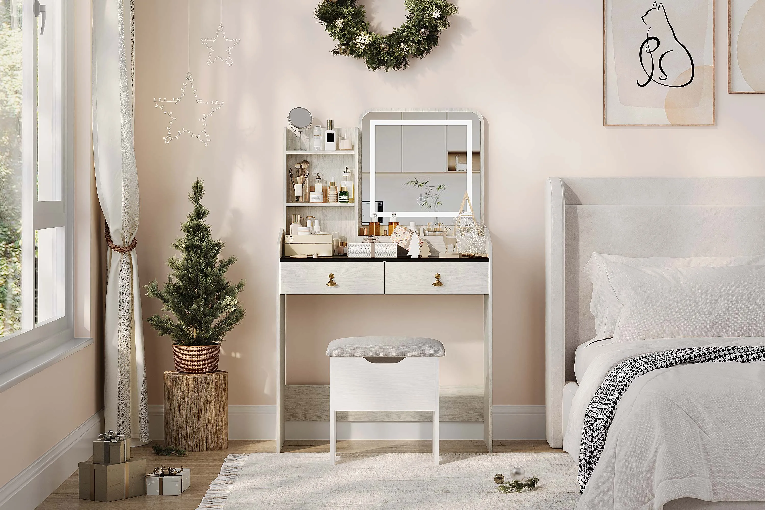 Vanity Desk with LED Light Mirror and Charging Station, Small Vanity Set with Storage Stool, 4 Open Shelves and 2 Drawers, Makeup Vanity Table for Girls Women