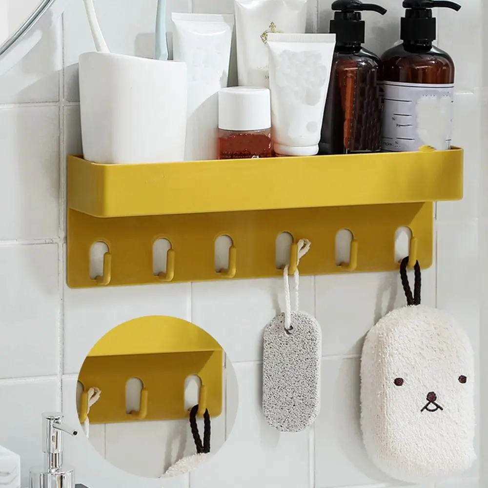 Creative Bathroom Shelf Wall-mounted Toilet Rack with Hooks Portable Shampoo Makeup Storage Holder Kitchen Organizer