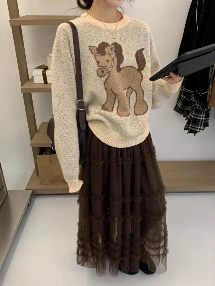 

2025 повседневные пуловеры, свитер, женская одежда для поездок на работу, домашняя одежда, домашняя одежда, вязаный свободный простой стиль, с длинными рукавами и круглым вырезом