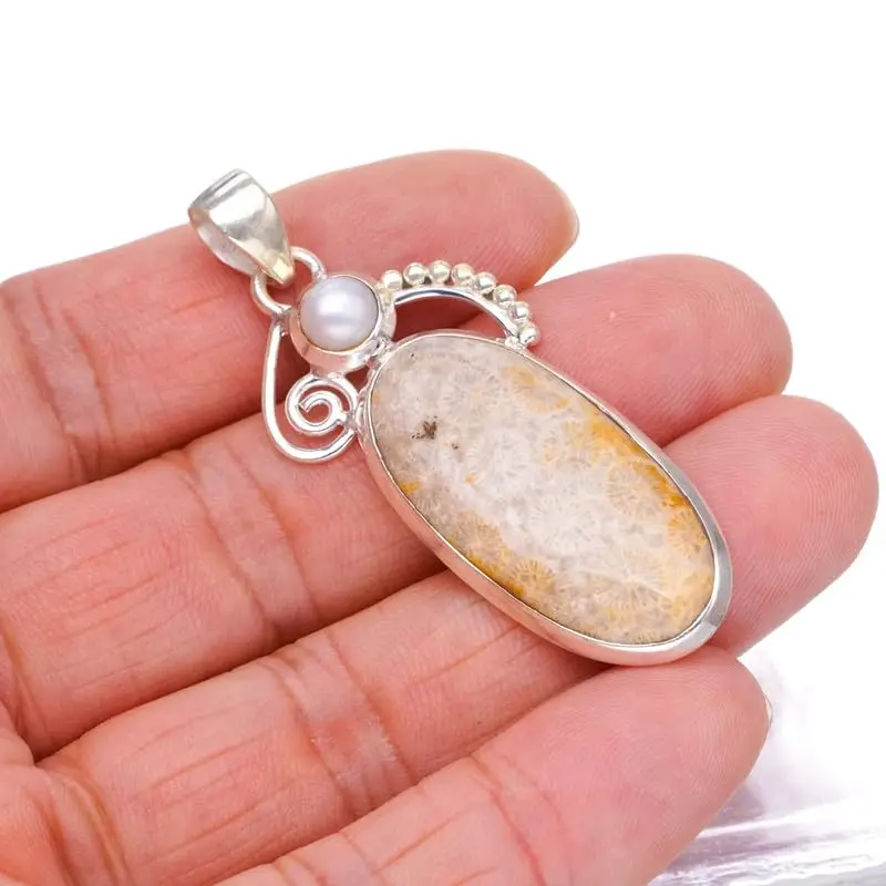 

StarGems Natural Chrysanthemum Jasper&River Pearl Handmade 925 Sterling Silver Pendant 2 1/4" F6583