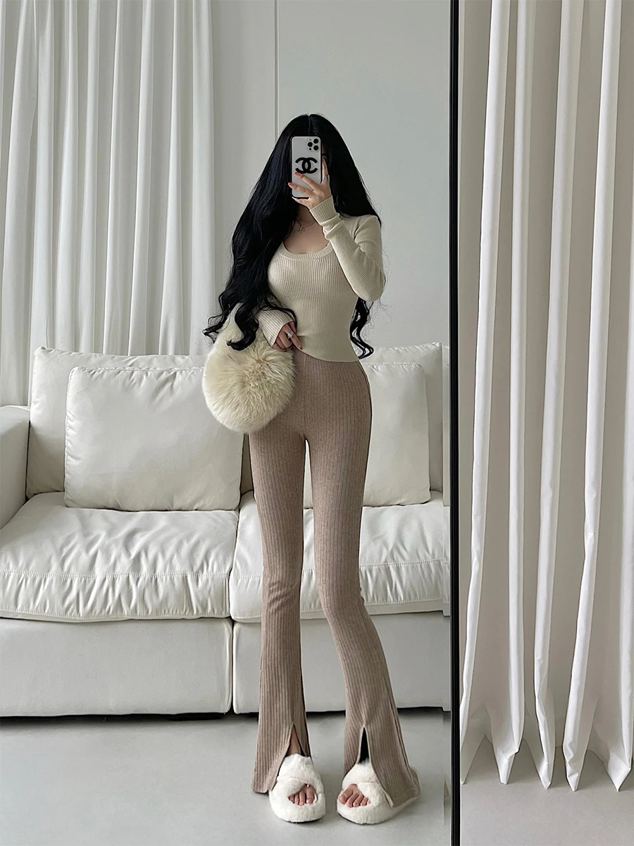

High Waist Slim Fit Knitted Casual Pants Long Leg Lengthening Trousers for Young Girls Casual Loose Long Pants