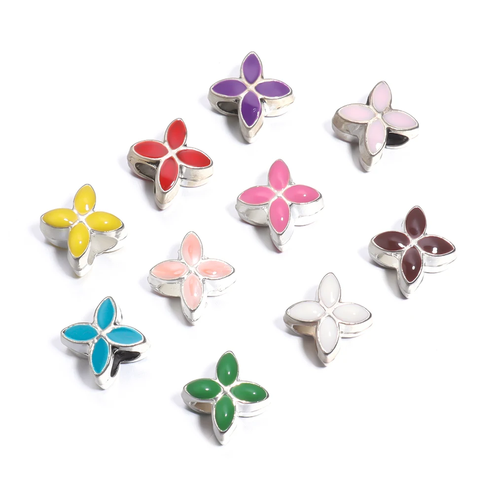 10Pcs/Lot 9.5×9.5mm Alloy Drop Oil Beads Colorful Four Petal Flower Large Hole Loose Beads For Diy Bracelet Necklace Jewelry