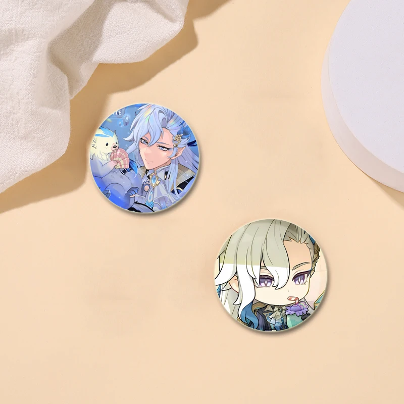 Anime Cartoon Character Neuvillette Round Snap-in Button Pins Badges Cosplay Handmade Tinplate Brooch Decorative Clothes Gifts